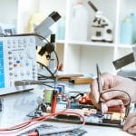 Electronics repair service, hands of senior tech reparing an electronic circuit